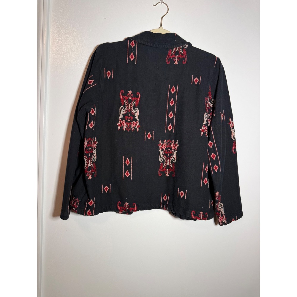 Chicos Design Black Red Ikat Embroidered Button Front Jacket Cotton Blend Size 1 - Picture 9 of 10
